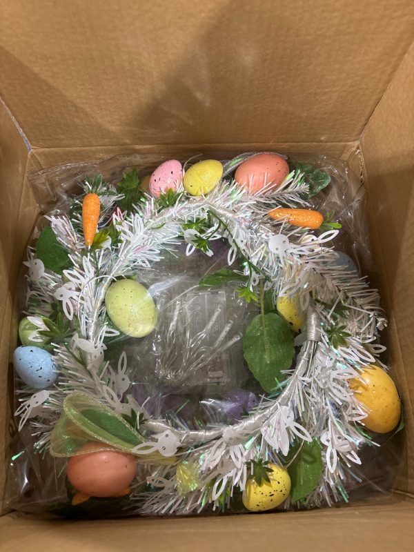 Photo 2 of 2 Pcs Easter Bunny Spring Wreath Decorations with 20 LED Lights Easter Door Wreath with Colorful Eggs Hanging Bunny Wreaths for Front Door Easter Door Hanger for Spring Outdoor Wall Home Decoration