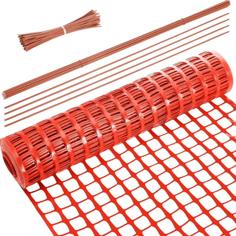 Photo 1 of Plastic Garden Fencing Roll Safety Construction Barrier Outdoor Snow Mesh Fence Garden Netting, 1.2 Inch Mesh, Coated Iron Wire Support Stakes, Cable Ties for Garden (Orange,2 x 100 Feet) 