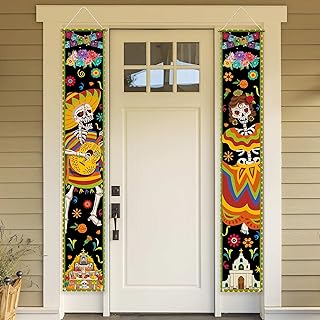 Photo 1 of Allenjoy Mexican Day of the Dead Porch Signs Hanging Wall Door Banner Skeleton Guitar Decorations Polyester Wrinkle Free Outdoor 11.8x70.9 Inch Home Decor Events Front Yard Party Supplies 2PCS