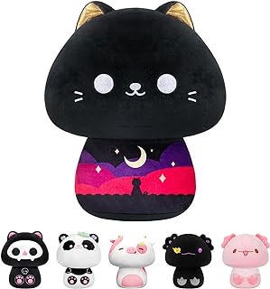 Photo 1 of 14 Inch Mushroom Plush, Kawaii Black Cat Plush Pillow Soft Plushies Squishy Pillow, Starry Cat Stuffed Animals Cute Plush Toys Decoration Gift for Girls Boys