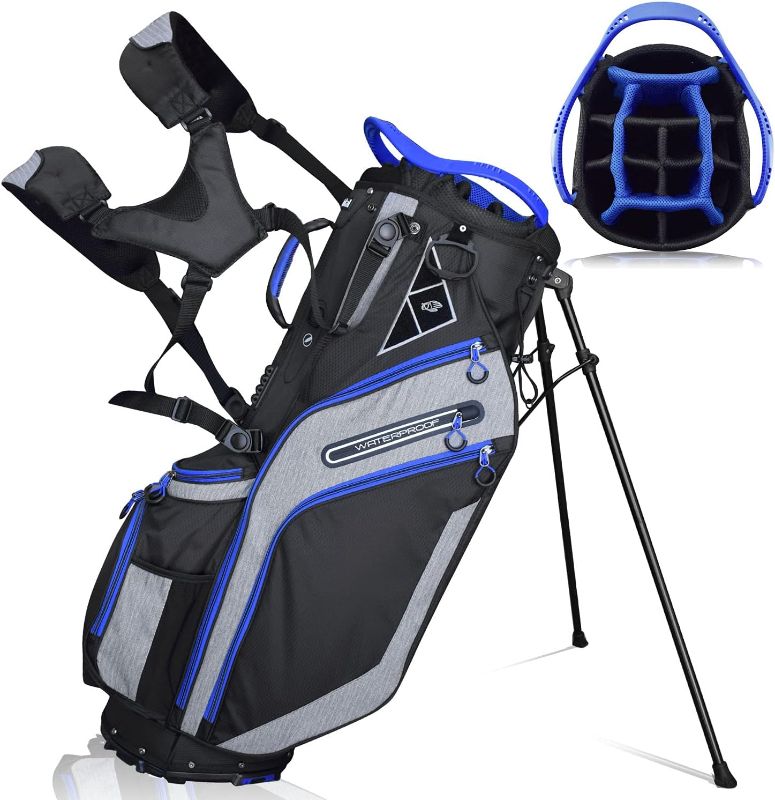 Photo 1 of Golf Stand Bag 14 Way Top Dividers Ergonomic with Stand 8 Pockets, Dual Strap, Rain Hood Black/Blue
