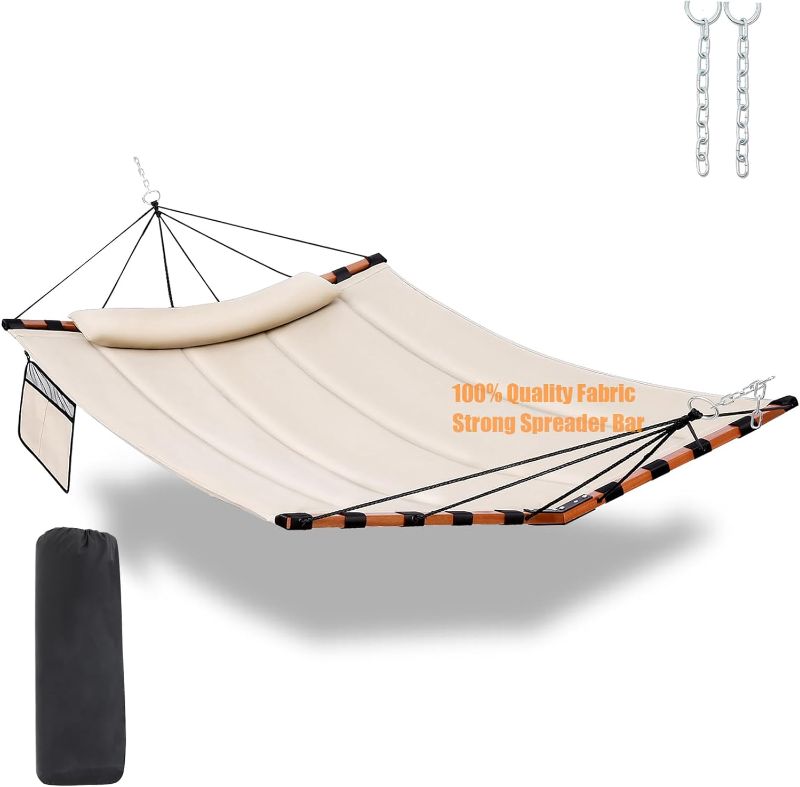 Photo 1 of 12FT 2 Person Hammock Large Hammock 450LB Capacity with V Shaped Hardwood Spreader Bar & Nylon Rope for Outside, Patio,