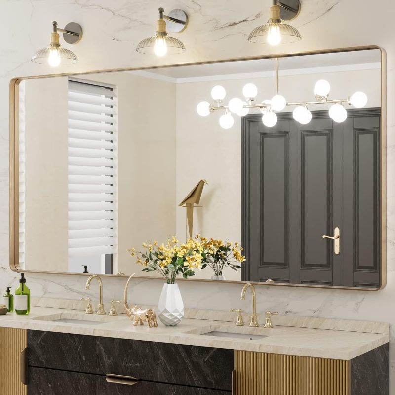 Photo 1 of LOAAO 72”X36” Gold Bathroom Mirror, Rounded Rectangle Gold Frame Mirror, Brushed Gold Bathroom Vanity Mirror Wall-Mounted, Anti-Rust, Tempered Glass, Hangs Horizontally or Vertically