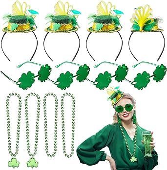 Photo 1 of 12 Pcs St. Patrick's Day Headband and Irish Beads Necklace St Pat Top Hat Headband, Rimless Shamrock Clover Glasses Sunglasses Costume Accessories Bulk for St. Patrick's Day Party Favors
