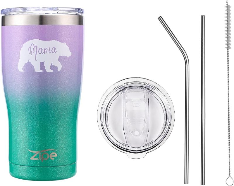 Photo 1 of 16 oz Stainless Steel Vacuum Insulated Tumbler - Mama Bear Coffee Travel Mug, Tumbler with Lid, Steel Straws, and Brush - Coffee Mug for Women, Leak Proof Tumbler for Hot and Cold Beverages 