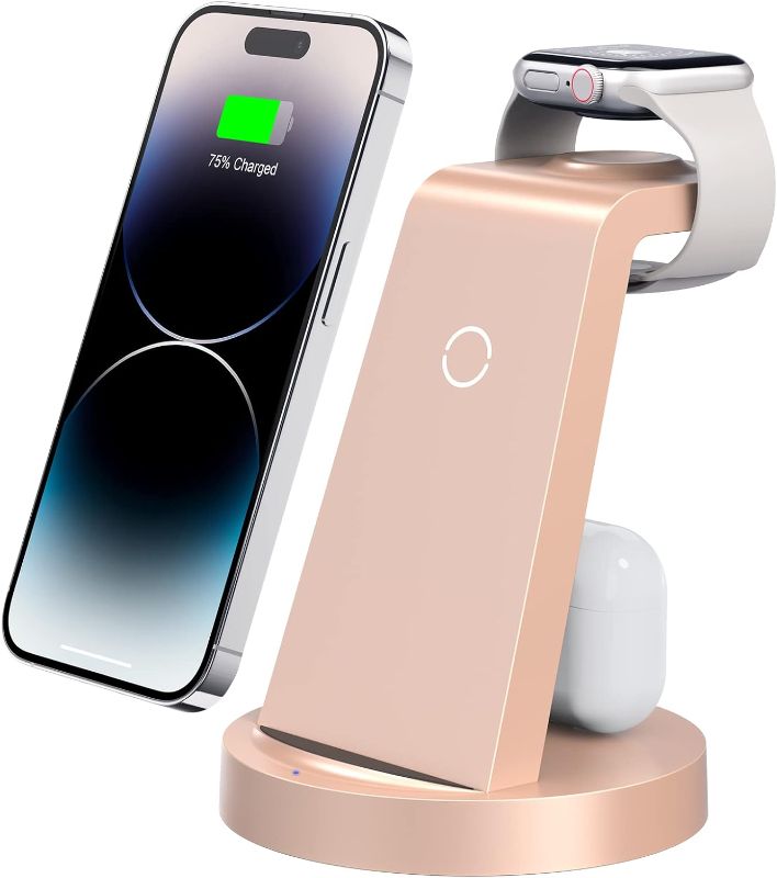 Photo 1 of 3 in 1 Charging Station for iPhone, Wireless Charger for iPhone 15 14 13 12 11 X Pro Max & Apple Watch - Charging Stand Dock for AirPods (Rose) 