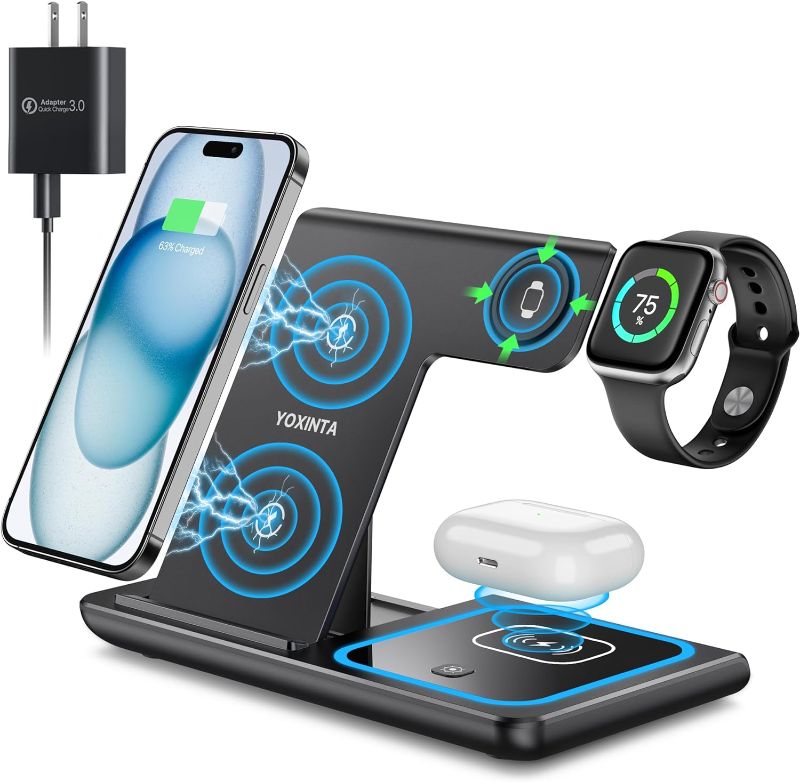 Photo 1 of 3 in 1 Fast Charging Station, Folding Travel Wireless Charger Stand for iPhone 15,14,13,12,11/Pro/Max/Plus,X,XR,XS/Max,SE,8/Plus,Apple Watch 1-8,Airpods 3/2/Pro(No Adaptor?Black ) 