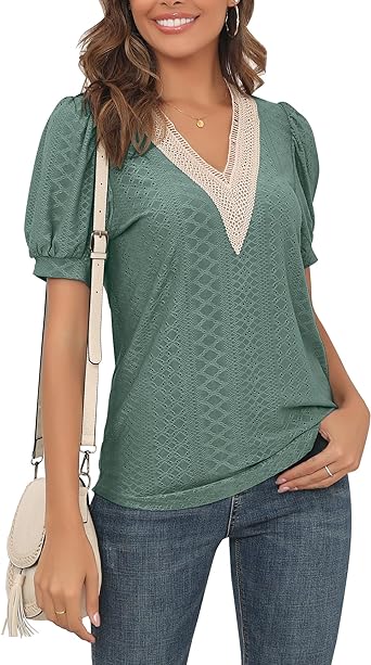 Photo 1 of ANGGREK Womens Eyelet Summer Tops Dressy Casual V Neck Puff Sleeve Solid Color T Shirts Hollowed Out Blouses L
