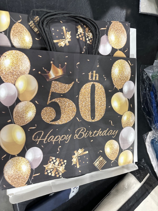 Photo 2 of 10 Sets 13inch Large Gift Bag with Greeting Card and Tissue Paper 50th 60th Happy Birthday Bag Birthday Gift Bag Black and Gold Gift Wrap Bags for Gift 50 Birthday 60 Birthday(50th)