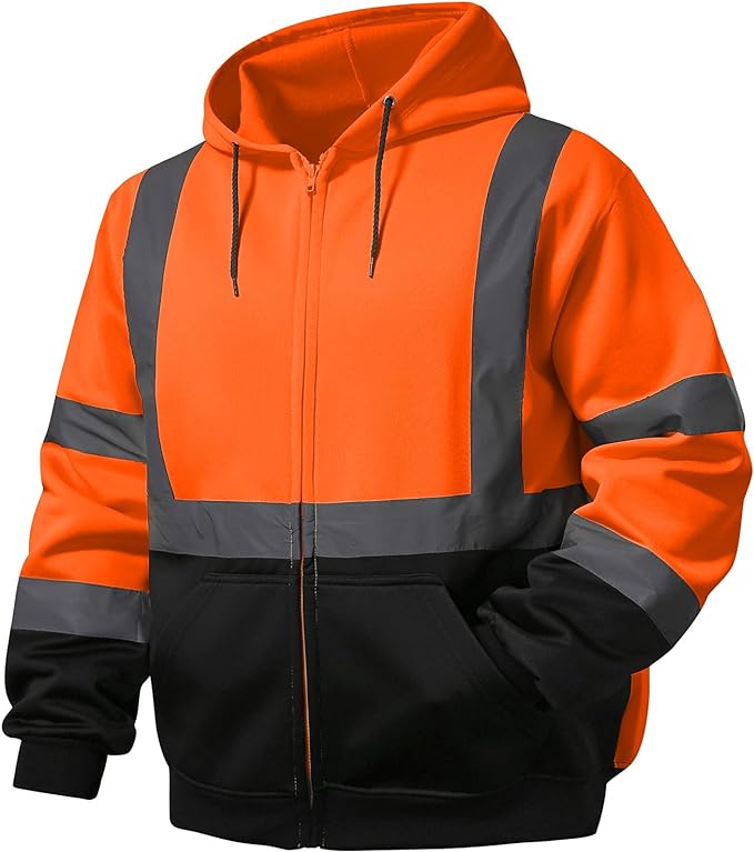 Photo 1 of SKSAFETY High Visibility Reflective Hoodies for Men, Class 3 Safety Sweatshirts with Pockets, Work Construction Safety Hoodie, Hi Vis Zipper Orange Sweatshirt with Black Bottom, Medium 