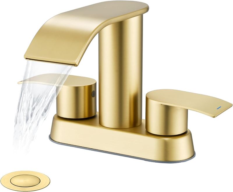 Photo 1 of Waterfall Bathroom Sink Faucet Brushed GOLD , Two Handles Bathroom Faucet with Metal Pop up Sink Drain Stopper, Two Holes Or 3 Holes Bathroom Basin Lavatory Mixer Tap with Deck Mount Plate