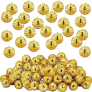 Photo 1 of Disco Ball Ornament Disco Mirror Balls 1.2 Inches Hanging Gold Disco Ball Mini Reflective Disco Party Decor for Wedding Birthday Party Stage Props School Festival Decoration (50)
