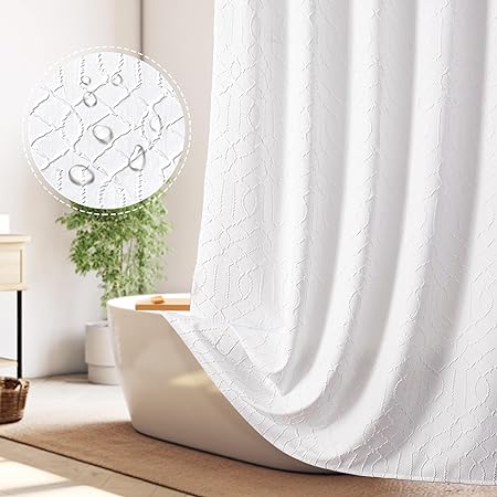 Photo 1 of OWENIE White Shower Curtain for Bathroom, 3D Embossed Geometric Polyester White Water-Proof Fabric Shower Curtains, Modern Luxury Elegant Innovative Design Hotel Style, 72 x 95 Inch
