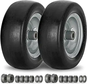 Photo 1 of 2 PCS 11x4.00-5" Flat Free Lawn Mower Tire on Wheel, 3/4" or 5/8" Bushing, 3.4"-4"-4.5-5" Centered Hub, Universal Fit Smooth Tread Tire for Zero Turn Lawn Mowers, with Universal Adapter Kit
