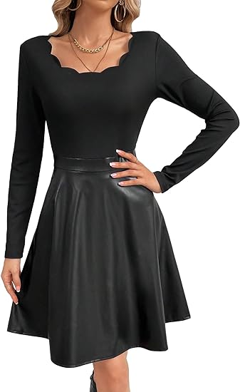 Photo 1 of WDIRARA Women's Scallop Trim Scoop Neck PU Leather Long Sleeve Flared A Line Dress SIZE L