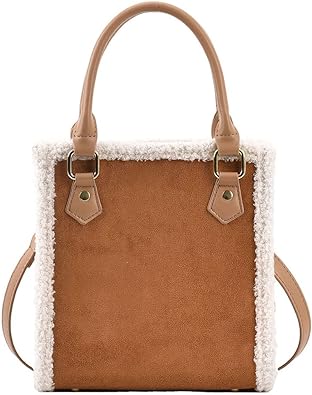 Photo 1 of Handbags for Women Small Suede Tote Bag Square Crossbody Shoulder Purse with Faux Shearling Trim and Detachable Strap
