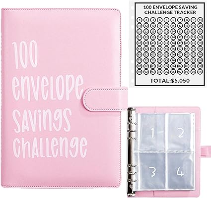 Photo 1 of 100 Envelope Money Saving Challenge Binder, Fun and Easy Way to Save $5,050, Budget Book with Cash Envelopes for Office, Home, School (Pink) 