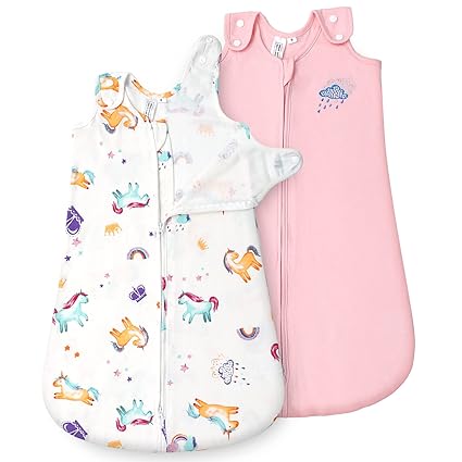 Photo 1 of 6-12 MONTHS TILLYOU Cotton Sleep Sack 2 Pack - TOG 1 Baby Wearable Blanket with 2-Way Zipper, Extra Soft Sleeveless Sleeping Bag for Infants, 6-12 Months, Unicorn & Pink 