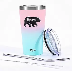 Photo 1 of 16 oz Stainless Steel Vacuum Insulated Tumbler - Mama Bear Coffee Travel Mug, Tumbler with Lid, Steel Straws, and Brush - Coffee Mug for Women, Leak Proof Tumbler for Hot and Cold Beverages