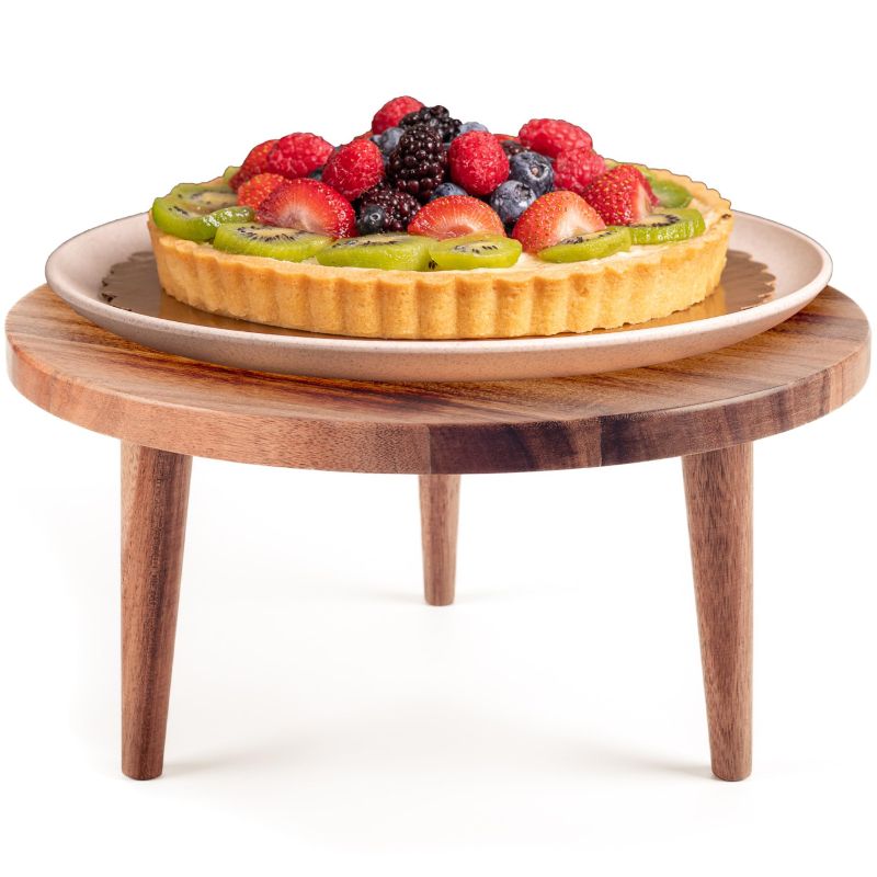 Photo 1 of  Acacia Wooden Round Footed Serving Board - Pedestal Riser Cake Stand with Removable Legs - Charcuterie Tray Cheese Bread Fruit Vegetable Platters - Plant Holder Set 12 X 6 inches 