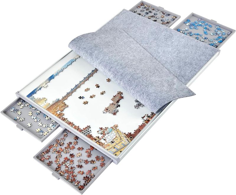 Photo 1 of  1500 Piece Non-Wood Jigsaw Puzzle Board with Drawers and Felt Fabric Cover Mat, Portable Puzzle Table for Adults, Puzzle Tray, Large Size: 35×26 Inch Work Surface, Lightweight Design, Gray 