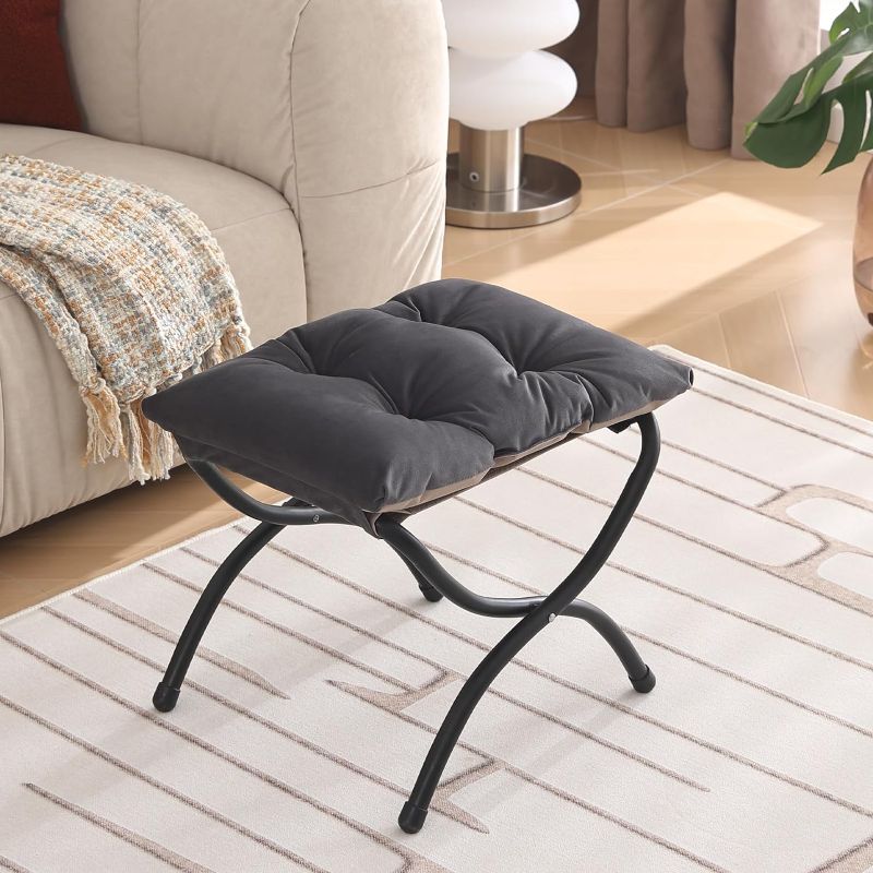 Photo 1 of Welnow Folding Foot Stool, Upholstered Small Accent Ottoman with Detachable Thick Cotton Cushion Padded Sofa Stool and Metal Frame for Lazy Chair, Living Room, Bedroom, Smoky Grey