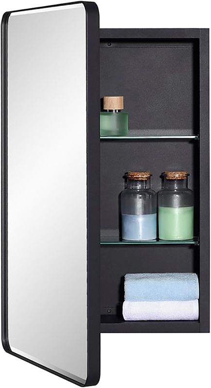 Photo 1 of Black Bathroom Mirror Medicine Cabinet with Round Corner Framed Door and Beveled Edge Mirror 15 x 25 inch, Recessed or Surface Mount, with Adjustable Glass Shelves