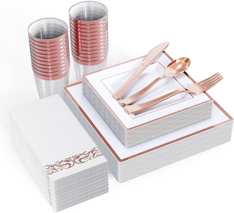 Photo 1 of 175 Piece Rose Gold Dinnerware Set 25 Guest-50 Square Plastic Plates-25 Rose Gold Plastic Silverware-25 Rose Gold Plastic Cups-25 Rose Gold Paper Napkins, FOCUSLINE Disposable Dinnerware Set 