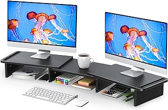 Photo 1 of Zimilar Large Dual Monitor Stand Riser, 2 Tiers Monitor Stand with Cellphone Holder, Wood Monitor Riser with Storage for Computer,Laptop, Monitor Stand Riser for 2 Monitors, Shelf Organizer for Desk Black