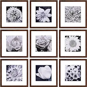 Photo 1 of Yaetm 12x12 Picture Frame Set of 9, Brown Wood Grain Square Photo Frame Displays 8x8 with Mat or 12 x 12 without Mat, Gallery Wall Frame for Wall Mounting (9 pack, Brown)