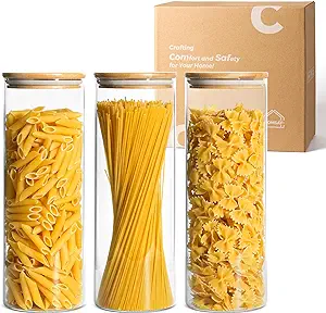 Photo 1 of ComSaf Glass Spaghetti Pasta Storage Container with Lids 70oz Set of 3, Tall Clear Airtight Food Storage Jar with Bamboo Cover Kitchen Pantry Storage Container for Noodles Flour Cereal Coffee Beans 
