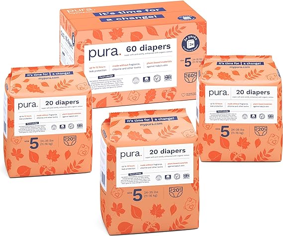 Photo 1 of Size 5 Eco-Friendly Diapers (24-35 lbs) Totally Chlorine Free (TCF) Hypoallergenic, Soft Organic Cotton, up to 12 Hours Leak Protection, Allergy UK, 3 Packs of 20 Diapers (60 Diapers)

