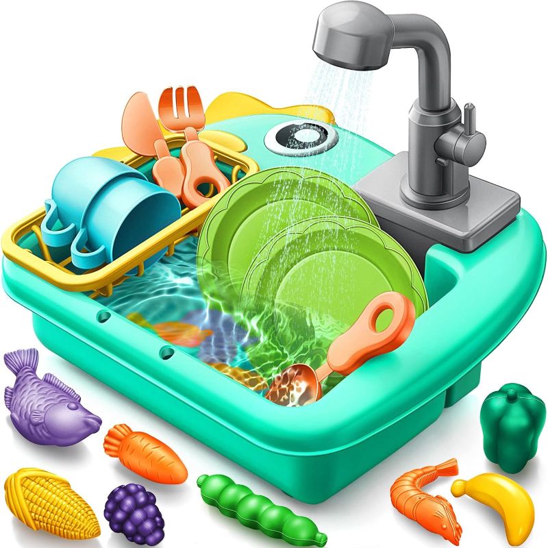 Photo 1 of Geyiie Mini Toddler Sink Toy, Play Sink with Running Water, Automatic Water Cycle System and 13Pcs Rich Kitchen Accessories, Kids Pretend Role Play Dinosaur Dishwasher Toys for Boys and Girls

