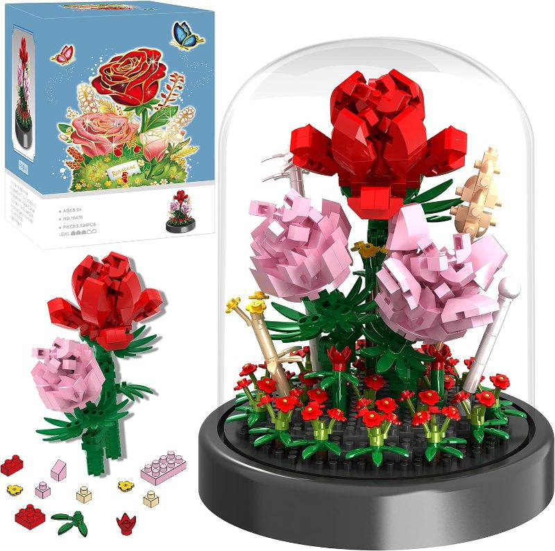 Photo 1 of Flower Bouquet Building Kit, 524 Pcs Mini Bricks Building Blocks Sets, Forever Rose Decorated Flower with Dust Cover, Valentine's Day Gifts for Her Mom Women Girlfriends Valentines Day Gifts for Him
