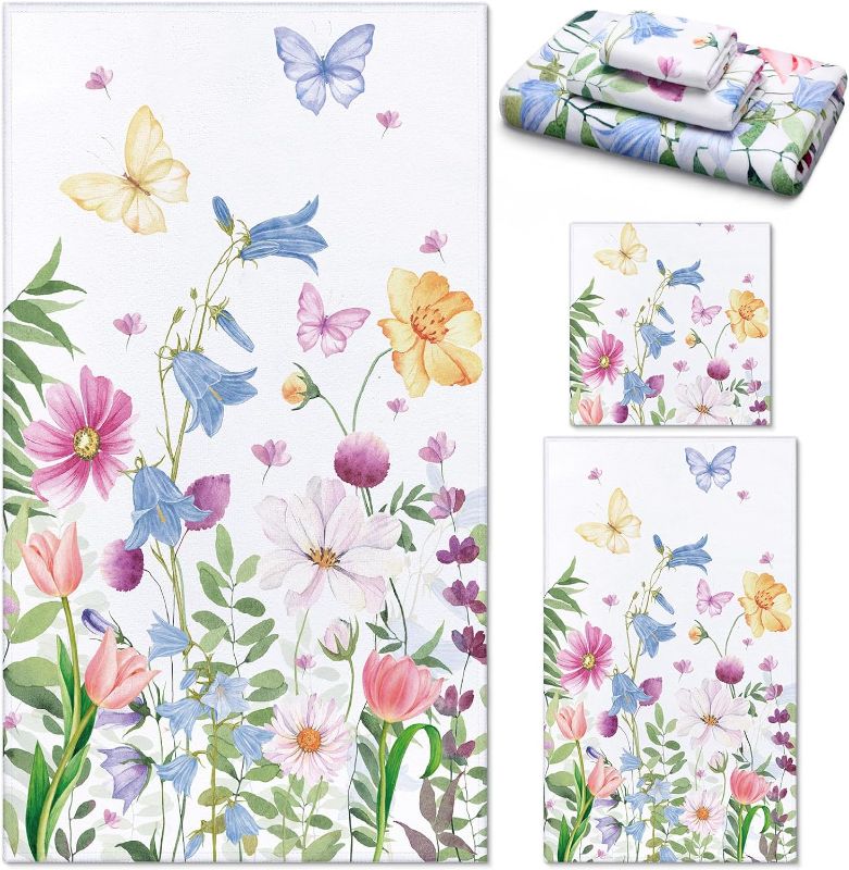 Photo 1 of 3 Pack Wildflower Bathroom Towels Set Watercolor Spring Floral Hand Towels Butterfly Soft Bath Towels Plant Leaves Dish Towels Absorbent Fingertip Towel for Bathroom Kitchen Hotel Gym Spa
