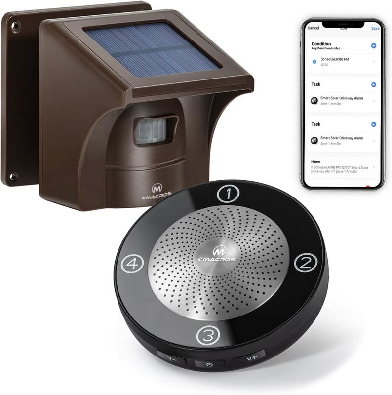 Photo 1 of eMACROS HS002 Pro 2 Smart Wireless Driveway Alarm with Phone App,1/2 Mile Solar-Powered Motion Sensor, App for Remote Arm/Disarm & Schedule Alerts & 27 Optional Chimes,1 Receiver and 1 Sensor
