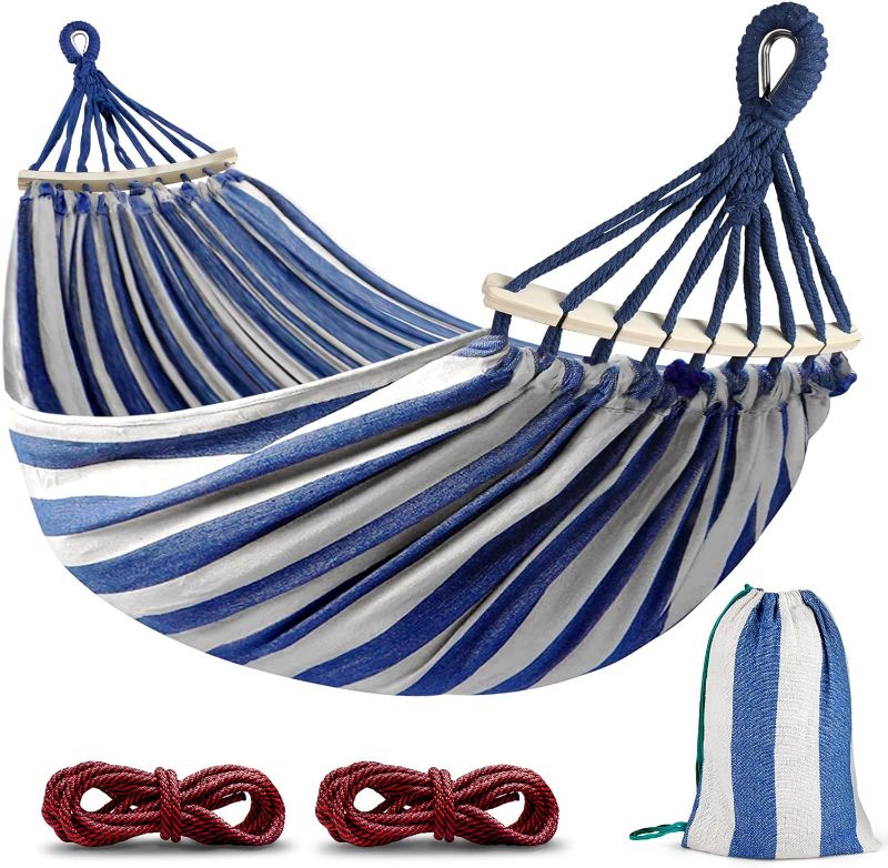 Photo 1 of MOSFiATA Hammocks Portable Camping Hammock Upgraded 550lb Comfortable Fabric Hammock with Two Anti Roll Balance Beam and Sturdy Metal Knot Tree Straps for Camping, Patio, Backyard, Outdoor(Blue White)
