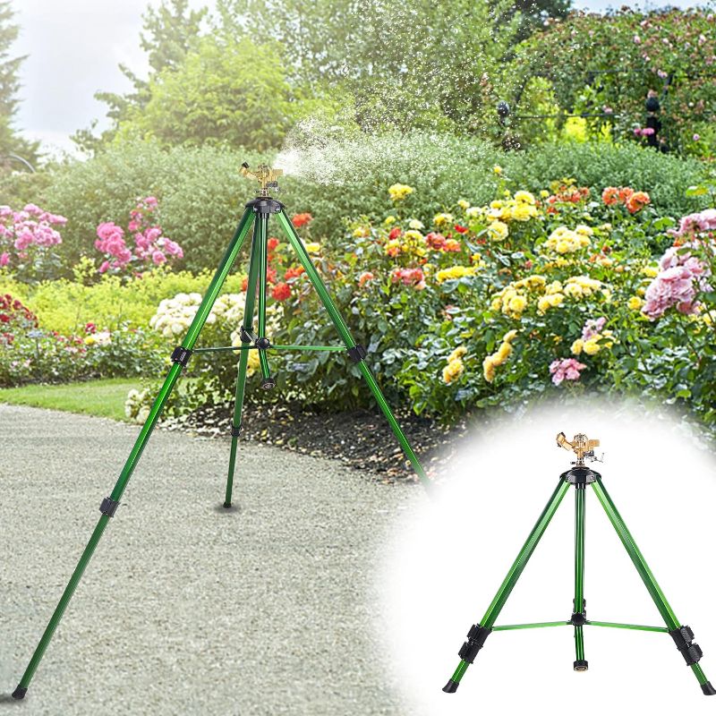 Photo 1 of Biswing Impact Sprinkler Head on Tripod Base, Extends Up to 50 Inch Heavy Duty Lawn Sprinkler, 360 Degree Large Area Irrigation, Adjustable Coverage Brass Nozzle Alloy Metal Tower Sprinkler, 1 Pack
