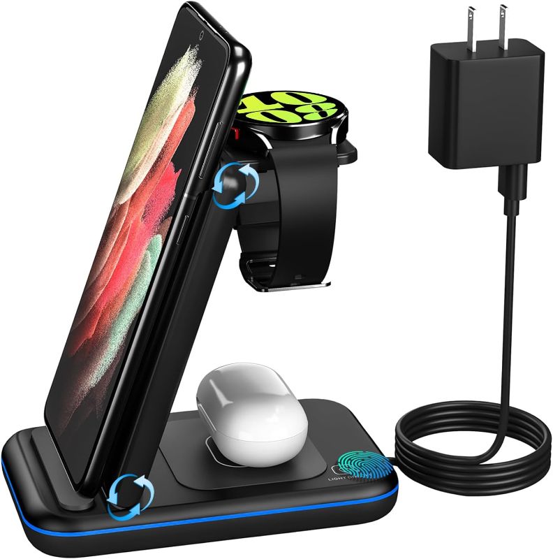 Photo 1 of  Wireless Charger for Samsung/Android, HOLYJOY Foldable 3 in 1 Fast Charging Station/Stand/Multi Charger for Samsung S24/S23/S22/Note 20, Travel Pad for Galaxy Watch 6/5/4/3/Active 2, for Buds(Black) 