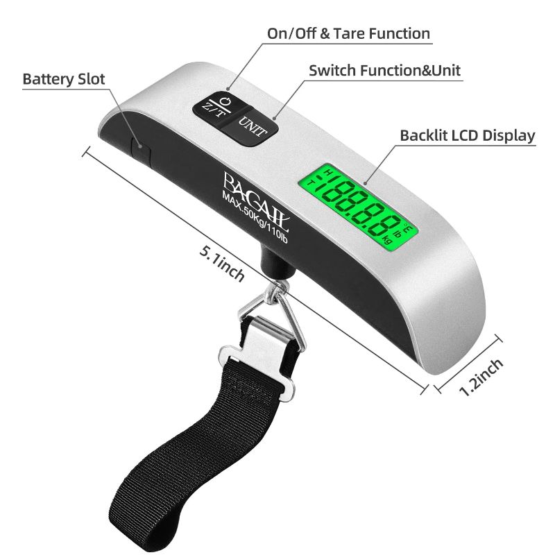 Photo 1 of  BAGAIL BASICS Digital Luggage Scale, 110lbs Hanging Baggage Scale with Backlit LCD Display, Portable Suitcase Weighing Scale, Travel Luggage Weight Scale with Hook, Strong Straps for Travelers 