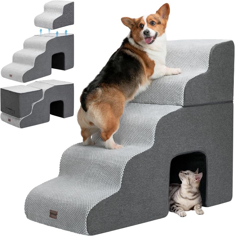 Photo 1 of  Dog Stairs for High Beds with Tunnel, 5-Step Dog Steps for Small Dogs and Cats, Foldable Pet Stairs for High Bed Climbing, Non-Slip Balanced Pet Step Indoor, Light Grey 