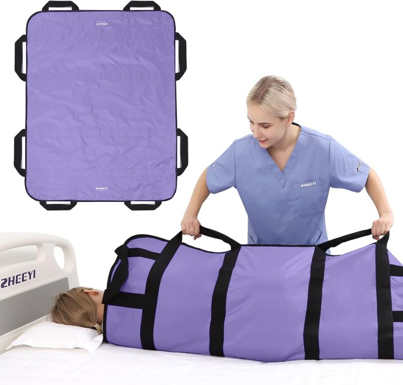 Photo 1 of  Multipurpose 48" x 40" Positioning Bed Pad with Reinforced Handles - Reusable & Washable Patient Sheet for Turning, Lifting & Repositioning - Double-Sided Nylon Fabric, Purple 