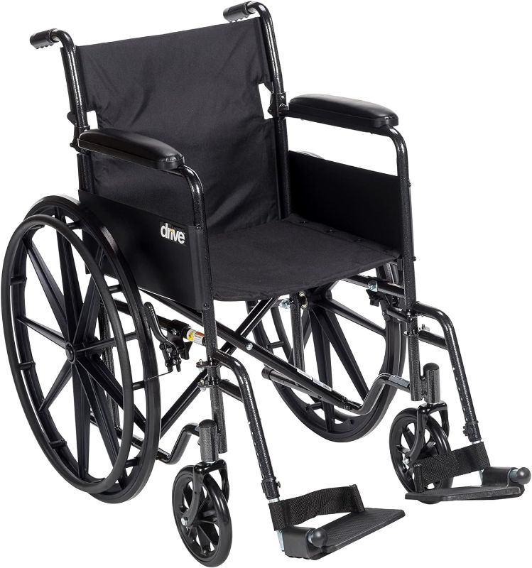 Photo 1 of Drive Medical SSP118FA-SF Silver Sport 1 Folding Transport Wheelchair with Full Arms and Removable Swing-Away Footrest, Black
