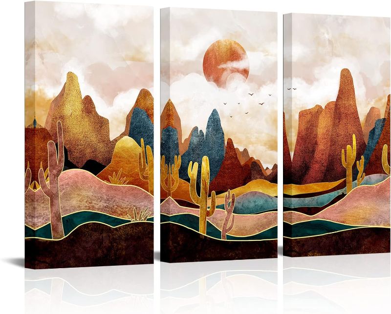 Photo 1 of 3 Panel Abstract Moutain Wall Art Golden Cactus Picture Mountain Desert Landscape Painting Geometric Wall Decoration for Bedroom Living Room Decoration 16x32inchx3 Panels
