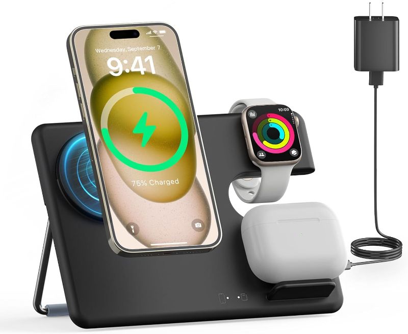 Photo 1 of 3 in 1 Wireless Charger Stand for Magsafe: ???? ??? Charging Station for iPhone 15/14/13/12 Series - Magnetic Phone Pad for Apple Watch Ultra 2/Series 9/8/7/6/5/4/3/2/SE, AirPods Pro 3rd/2nd