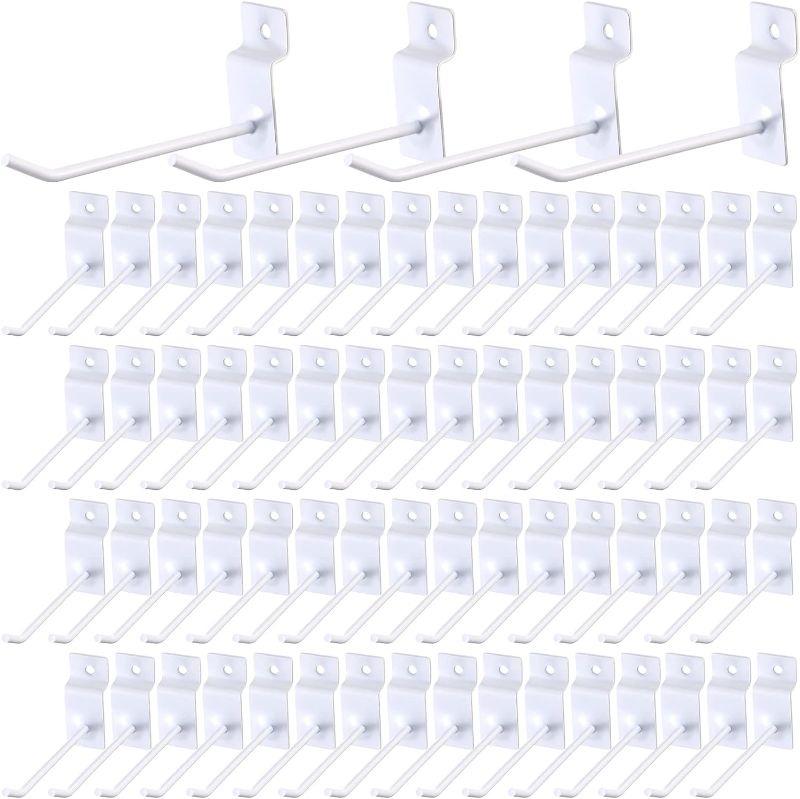 Photo 1 of 100 Pack Slatwall Hooks Slatwall Accessories Slat Wall Hanging Hooks Slat Board Hooks Slat Hangers Pegboard Gridwall Hook Display Hook for Retail Garage Organization, White (4 Inch)
