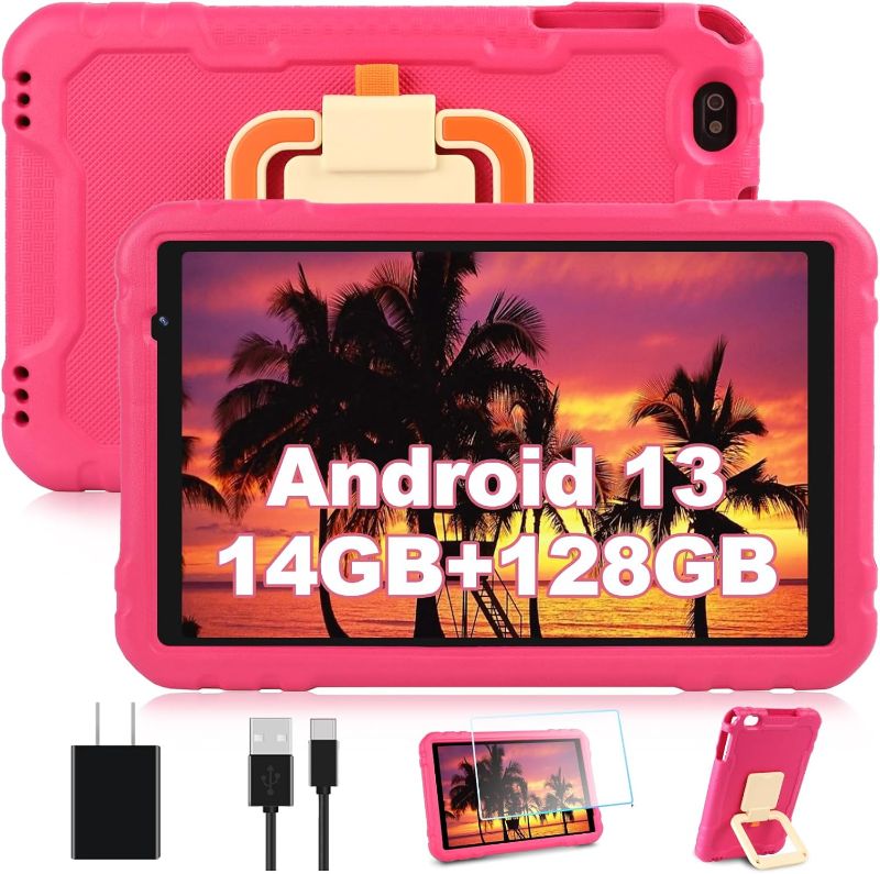 Photo 1 of 2024 Tablet 10 inch Android 13 Tablets with Octa-Core, 14GB RAM 128GB ROM, 8000mAh Battery, Drop-Proof Case, TF 512GB, HD IPS Touchscreen, 5G/2.4G WiFi, Bluetooth 5.0, GPS, Split Screen Support -Pink