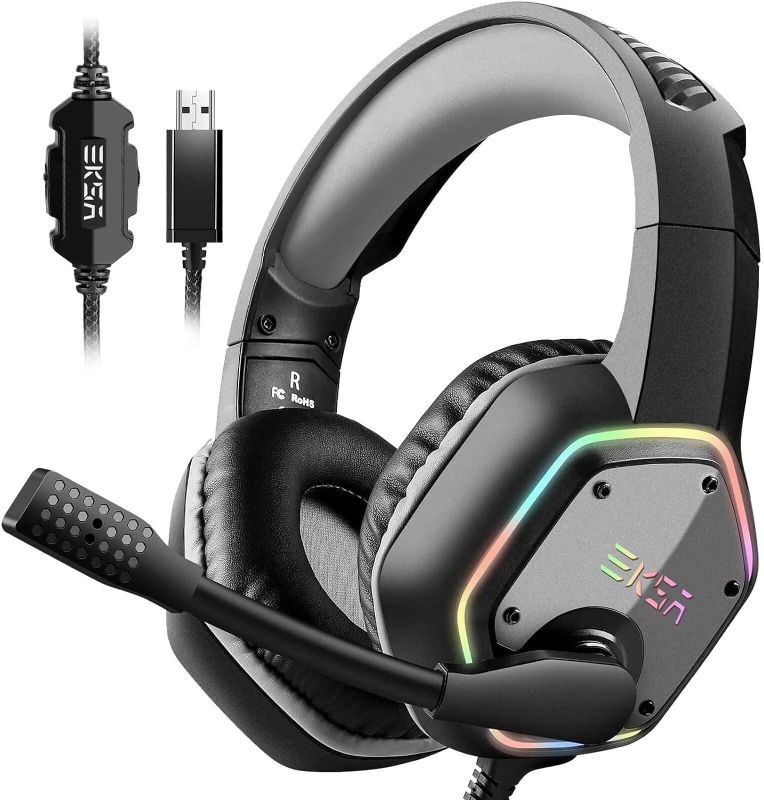 Photo 1 of EKSA E1000 USB Gaming Headset for PC, Computer Headphones with Microphone/Mic Noise Cancelling, 7.1 Surround Sound, RGB Light - Wired Headphones for PS4, PS5 Console, Laptop, Call Center