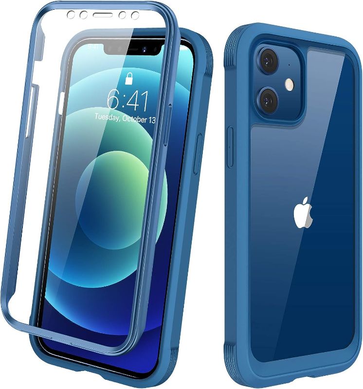 Photo 1 of Diaclara Designed for iPhone 12 Mini Case, Full Body Rugged Case with Built-in Touch Sensitive Anti-Scratch Screen Protector, Soft TPU Bumper Case for iPhone 12 Mini 5.4" (Blue and Clear)