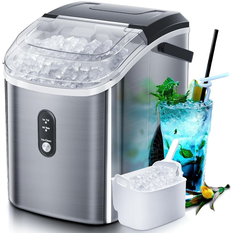Photo 1 of Nugget Countertop Ice Maker with Soft Chewable Ice, 34Lbs/24H, Pebble Portable Ice Machine with Ice Scoop, Self-Cleaning, One-Click Operation, for Kitchen,Office Stainless Steel Silver

